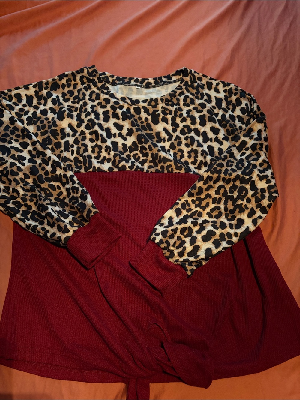 Women's Leopard Print and Burgundy Long Sleeve Blouse xl